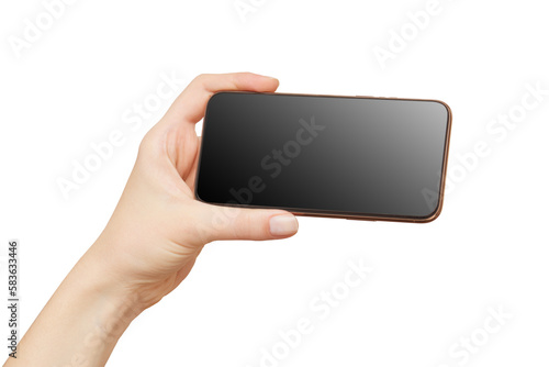 Female hand holding modern mobile phone with black screen  isolated at white background. Cellphone mockup.