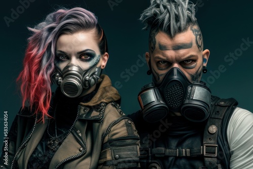 Portrait of a beautiful punk couple with grey background. Fictional person created with Generative AI