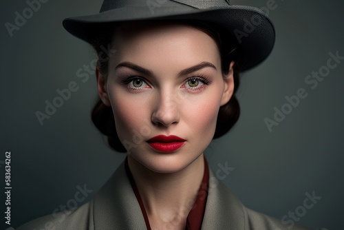 Portrait of a beautiful vintage woman with grey background. Fictional person created with Generative AI