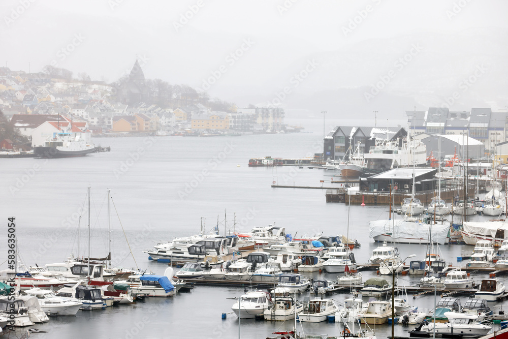 Panorama of Kristiansund town in harsh winter condition, western Norway, Europe