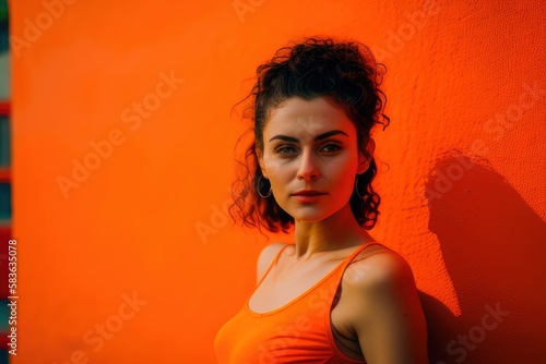 Portrait of a beautiful woman with orange background. Fictional person created with Generative AI