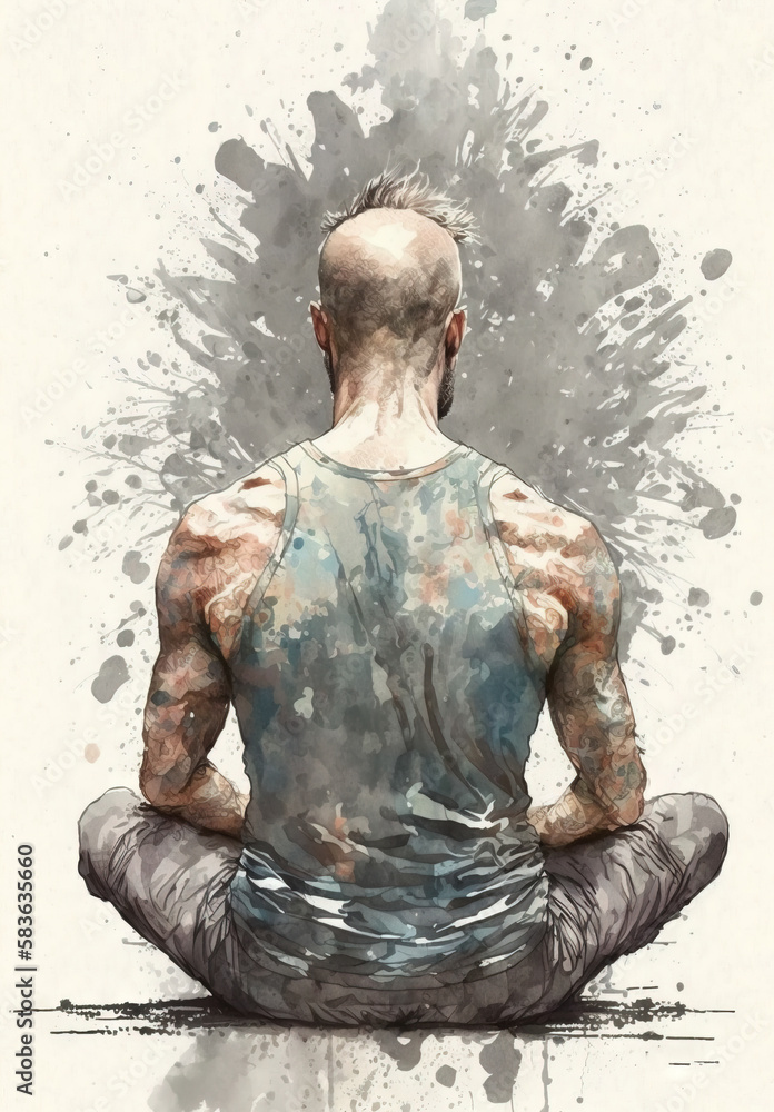 Man meditating in sitting pose illustration from behind with lotus flower esoteric yogi practice watercolor digital art generative ai Man meditating in sitting pose illustration from behind with lotus flower esoteric yogi practice watercolor digital art generative ai