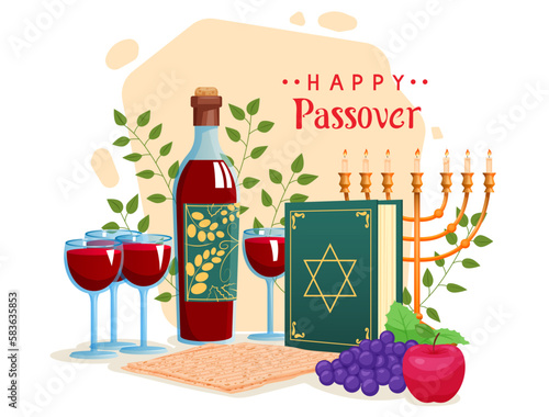 Hand - drawn vector illustration with a bottle of wine  a glass of a glass with wine  apple  grapes  minor  matza - jewish traditional bread and haggadah to Jewish Passes isolated on a white.