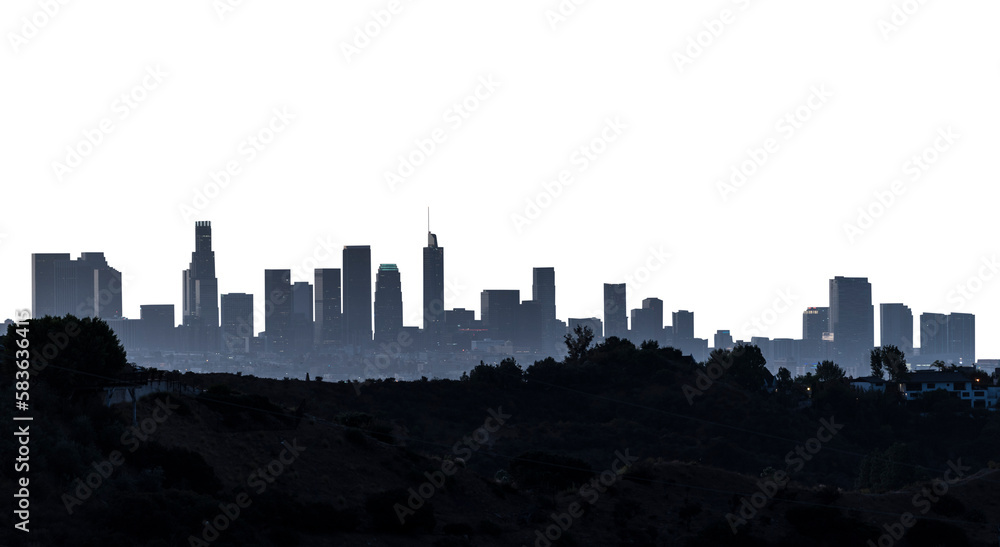 Twilight panorama view of downtown Los Angeles towers from Griffith Park with cut out sky.
