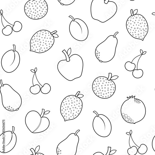 Fresh fruits black and white seamless pattern in cartoon style. Healthy food doodle background with apple, cherry, lemon for coloring page. Vector illustration