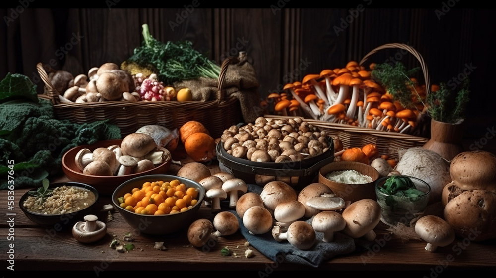 Wholesome and Nutritious, Vegetarian Cuisine with Organic Vegetables and Mushrooms, Generative AI Wholesome and Nutritious, Vegetarian Cuisine with Organic Vegetables and Mushrooms, Generative AI