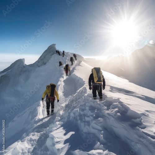 Mountaineers walking on a snowy mountain. Ai Generative. photo