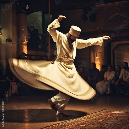 Dervish sufi dancer on a stage, Ai Generative. photo