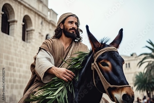 Biblical account of Jesus Christ riding a donkey while many people surrounded him. Triumphal Entry in Jerusalem or Palm Sunday easter and is recorded in the Gospels. Generative ai