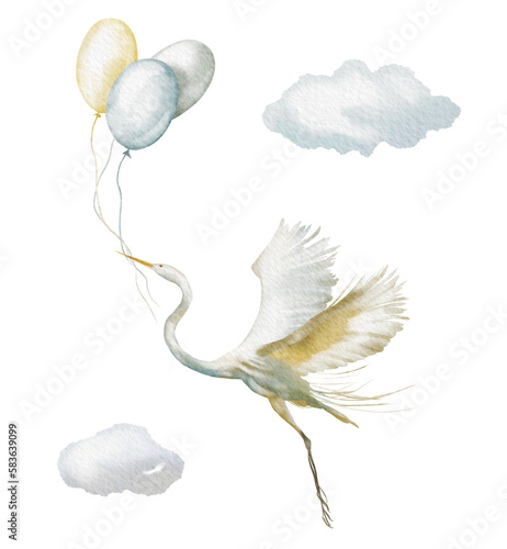 Watercolor illustration - Cute newborn, baby shower, stork, pregnancy, celebration, birthday painting card.