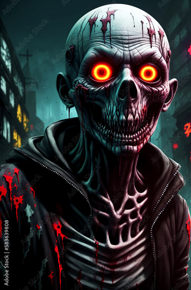 Zombie. Ugly creature with big glowing eyes. Deceased monster. Generative AI. Zombie. Ugly creature with big glowing eyes. Deceased monster. Generative AI.