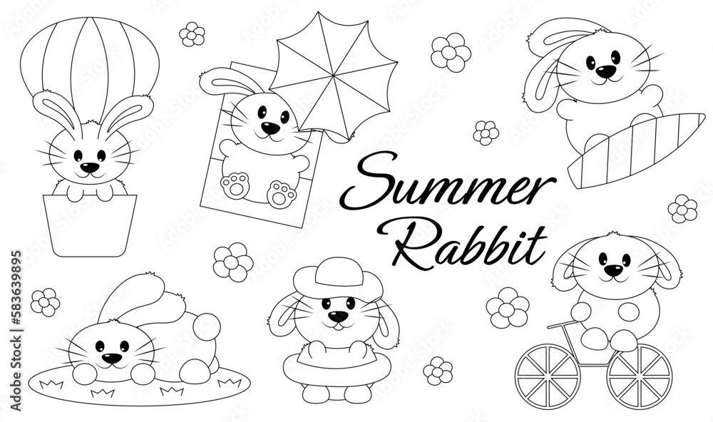 Set Cute Cartoon Summer Rabbit in black and white