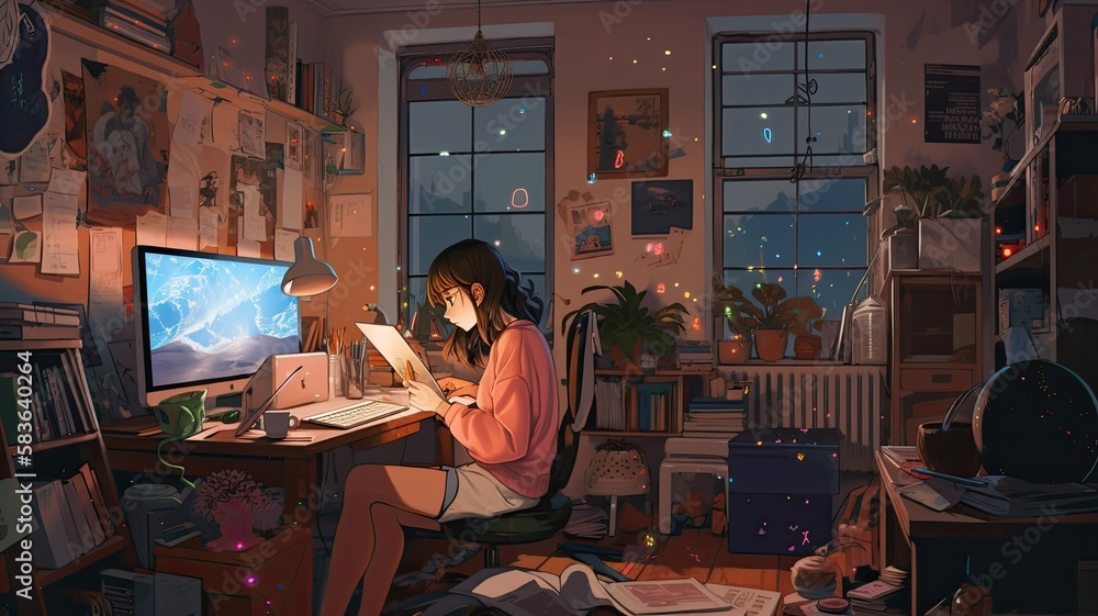 Lo-fi girl studing in the room. Retro, pop art illustration. Lo-fi girl studing in the room. Retro, pop art illustration.