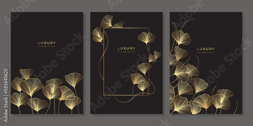 Set of luxury templates with golden linear ginkgo biloba leaves on black background. Japanese style line art with branches. Botanical vector illustration. Floral pattern