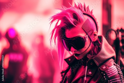 Portrait of a beautiful punk woman with pink background. Fictional person created with Generative AI