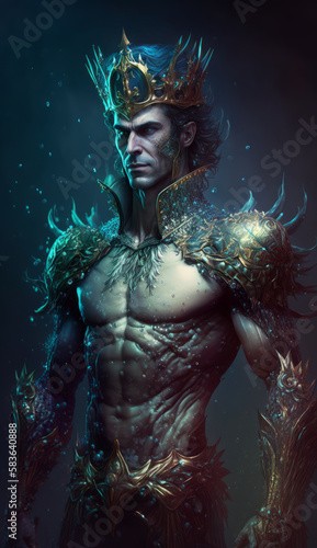 Neptune, sea king and prince of the seas, merman, hero from mythical stories. Created using generative AI.