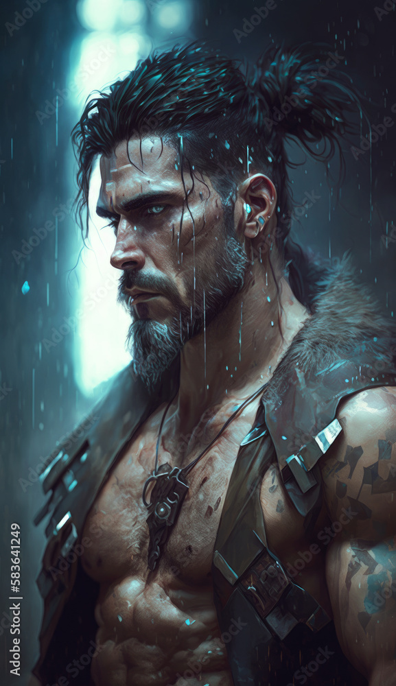 portrait of a muscular man, a dark brutal , scarred barbarian with a