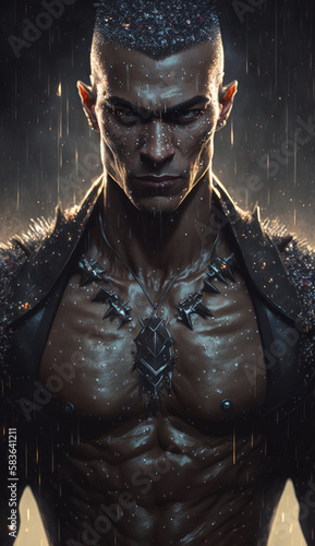 A brutal portrait of a muscular man, a dark, scarred barbarian with a metal necklace. Hero and anti-hero of different peoples and times. Created using generative AI.