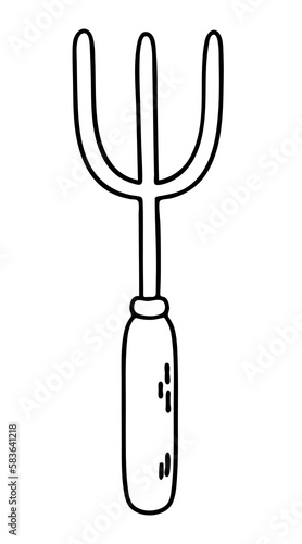 Gardening pitchfork tool. Vector outline illustration