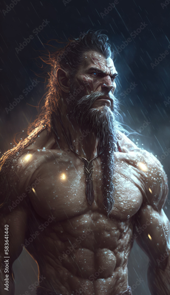 Brutal portrait of a vampire werewolf, a man of wars with a formidable look in the rain. Antihero of the Middle Ages. Created using generative artificial intelligence.