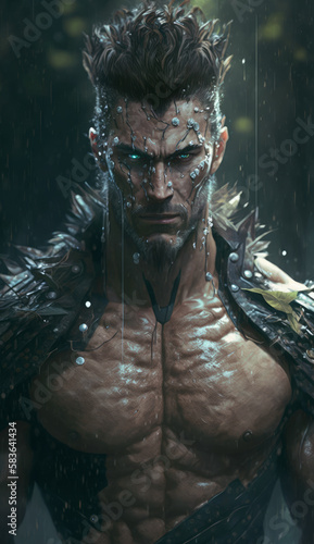 portrait of a muscular man, a dark, scarred barbarian with a metal necklace. Hero and anti-hero of different peoples and times. Created using generative AI.