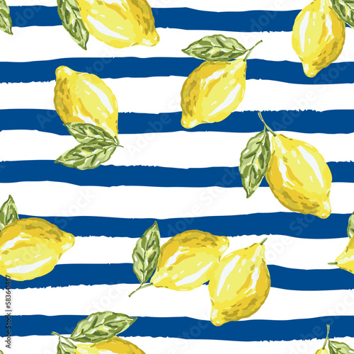 Yellow lemon fruits with green leaves on the striped blue and white background. Vector illustration. Seamless pattern. Summer design. Italian vacation