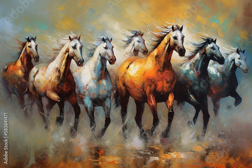 Unique and successful seven-horse illustration painting. AI