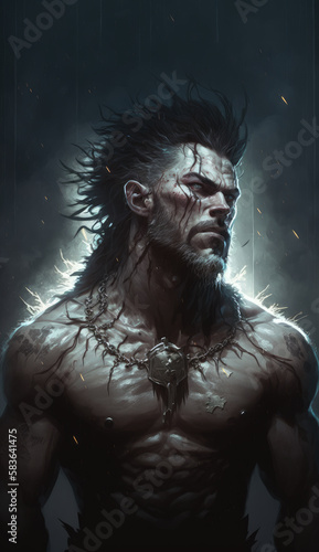 Brutal portrait of a vampire werewolf, a man of wars with a formidable look in the rain. Antihero of the Middle Ages. Created using generative artificial intelligence. © Ренат Хисматулин
