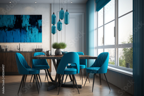 The interior design of a contemporary dining room includes a wooden table and blue chairs. AI