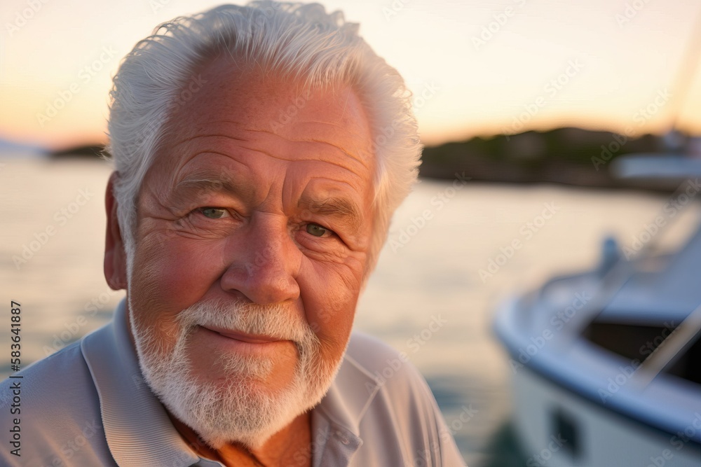 Close-up portrait of confident and happy elderly man at the lake