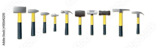 Hammer and sledgehammers with rubber and wooden handles. carpenter industry concept. Vector