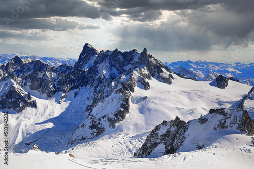 View of the Mont Blanc massif seen from the Aiguille du Midi. French Alps  Europe.