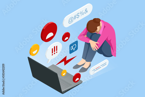 Isometric Cyberbullying or Bad Influence on the Internet. Cyberbullying Victim. Young Woman Crying in Front of Laptop Screen Due to Haters Messages.