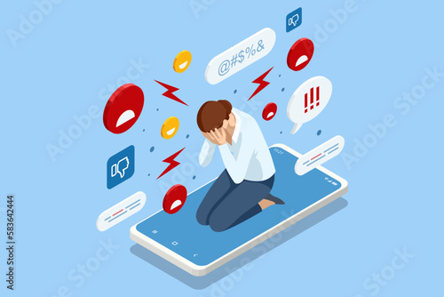 Isometric Cyberbullying or Bad Influence on the Internet. Cyberbullying Victim. Young Woman Crying in Front of Laptop Screen Due to Haters Messages.