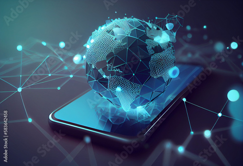 Global network connection on mobile. blue world polygonal mesh and line on smartphone as business. Generative AI
