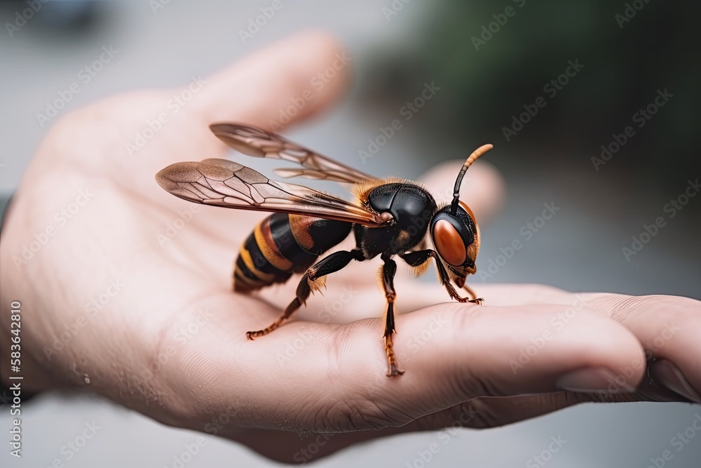 Obraz premium Asian Giant Hornet or Murder Hornet on a Person's Hand