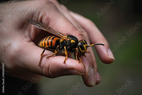 Asian Giant Hornet or Murder Hornet on a Person's Hand