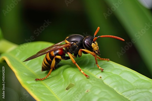 Asian Giant Hornet or Murder Hornet on a leaf