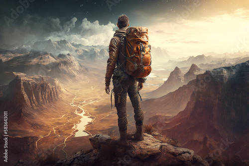 A backpacker or adventurer standing atop a mountain or cliff, gazing out at the valley below. AI