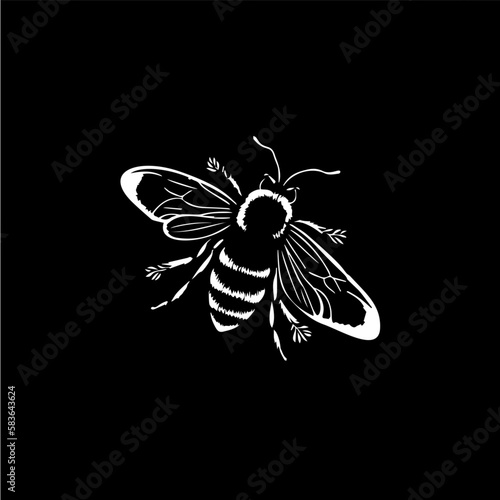 Minimalistic honeybee logo template, white icon of bee silhouette on black background, bumblebee modern logotype concept, sketch, tattoo. Vector illustration