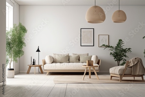 Modern living room with vacant white wall and beige couch,. Generative AI photo