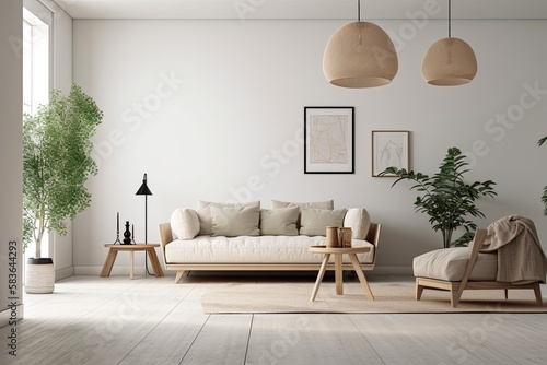 Modern living room with vacant white wall and beige couch,. Generative AI