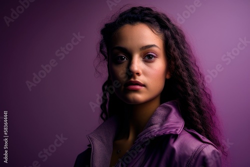 Portrait of a Beautiful Woman With Purple background. Fictional person created with Generative AI