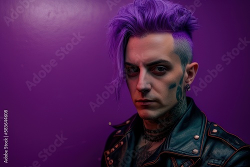 Portrait of a Beautiful Punk Man With Purple background. Fictional person created with Generative AI