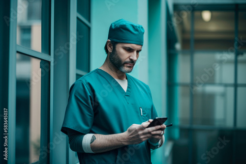 Medical personnel pausing in the hospital hallway and browsing their phone. generative ai