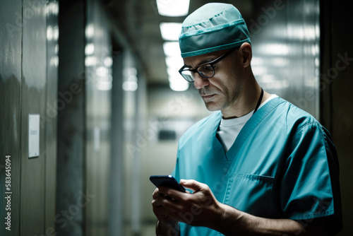Surgeon having a rest in the hospital hallway while using their mobile device. generative ai