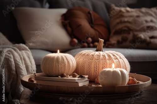 Still life. Knitted pumpkin  candles  and white china pumpkins on a wooden tray on a living room coffee table. Autumn theme. Generative AI