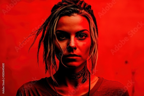 Portrait of a beautiful woman with red grunge background. Fictional person created with Generative AI © Fernando