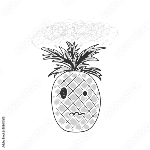 Gray vector pineapple character with sick, sad or confused emotion expression. Fruit ill black and white face for print design, sticker, logo