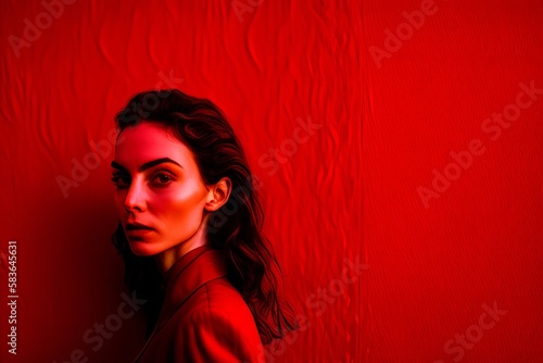 Portrait of a beautiful woman with red grunge background. Fictional person created with Generative AI